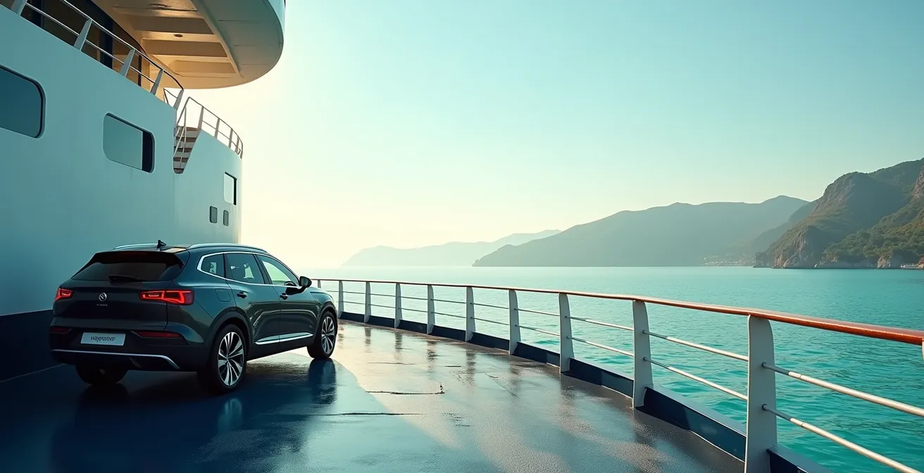 Ein Fahrzeug wird auf eine Fähre mit Meerblick auf die italienische Küste geladen