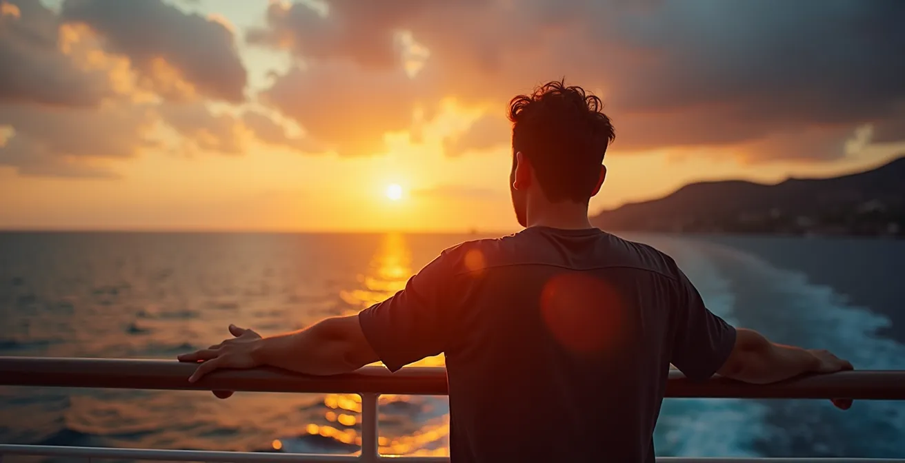 Sonnenaufgang vom Bug einer Fähre mit Blick auf die sardische Küste und ruhiges Mittelmeer