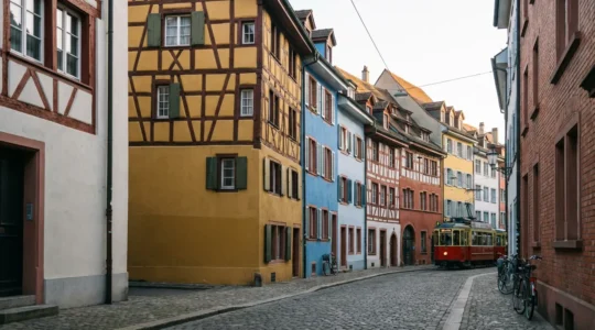 Basler Wohnquartier mit typischen Fassaden und Balkonen im Morgenlicht – Immobilienpreise Basel