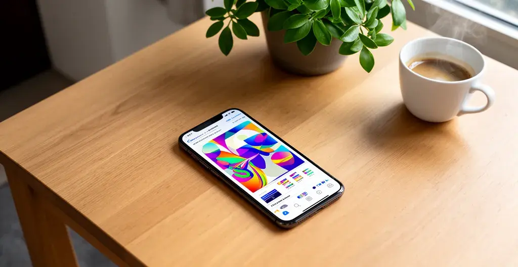 Smartphone mit Immobilien-Bewertungsapp auf Holztisch in hellem Wohnambiente